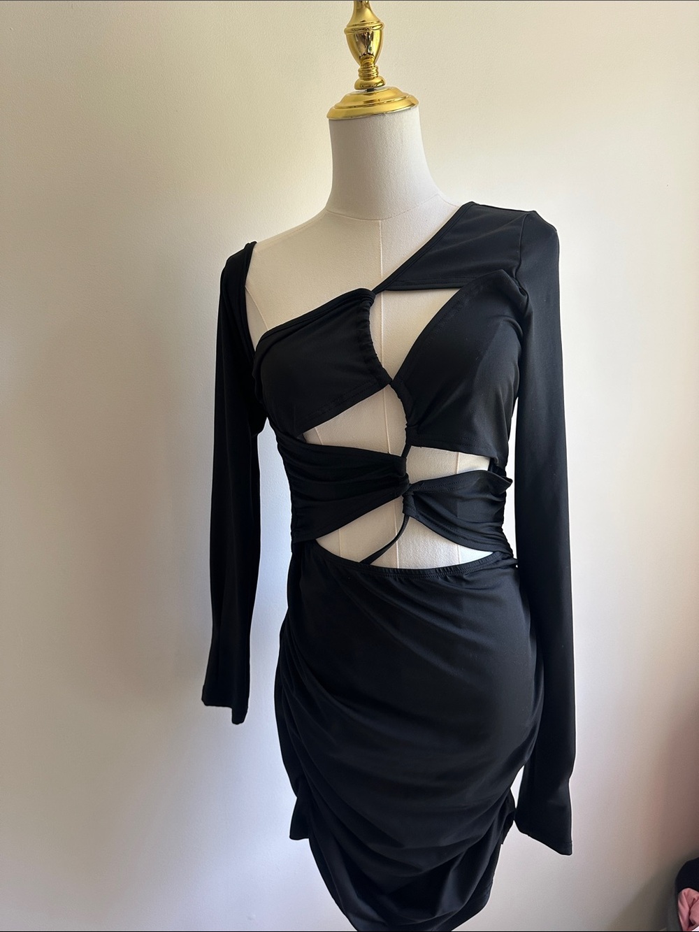 Black One-Shoulder Ruched Mini Dress with cut outs